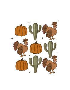 thanksgiving turkeys and cacti on a white background