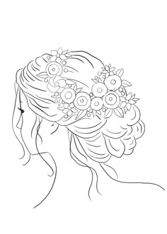 a woman's head with flowers in her hair, drawn by hand on a white background