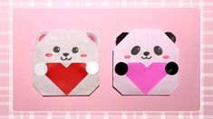 two pieces of paper with panda bears holding a heart on them, one is pink and the other is white