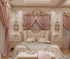 a fancy bedroom with pink curtains and white furniture