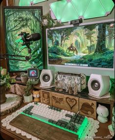 a computer monitor sitting on top of a wooden desk next to a keyboard and mouse