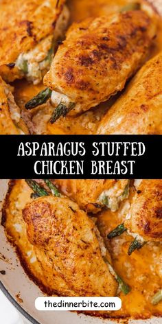 asparagus stuffed chicken breast in a skillet with text overlay that reads, asparagus stuffed chicken breast