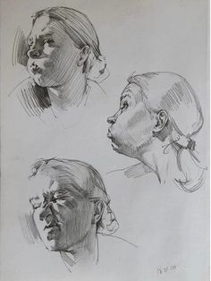 three sketches of people's heads, one in profile and the other in profile