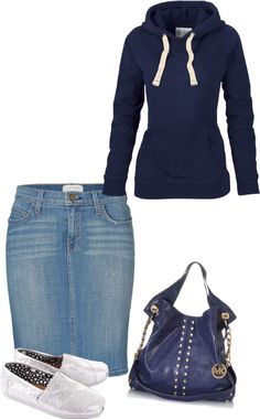 "Untitled #4" by sweet-spicy-micky on Polyvore Jean Skirt And Hoodie Outfit, Skirt And Hoodie Outfit, Skirt And Hoodie, Outfit Navy, Church Clothes, Jean Skirts, Elegante Y Chic