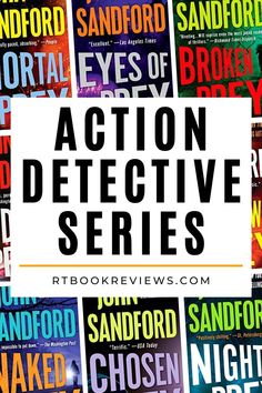 the words action detective series are in front of an image of many different types of books