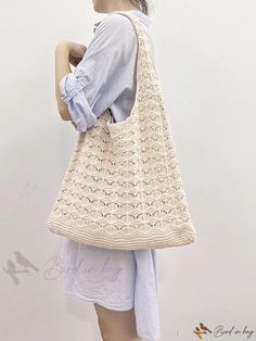 Bird in Bag - Solid Color Knit Tote with Stylish Hollow Out Design Spring Beach Crochet Bag, Knitted Shoulder Bag For Spring, Cream Knitted Summer Bag, Cream Knitted Bag For Summer, Casual Cream Knitted Shoulder Bag, Casual White Knitted Shoulder Bag, Beach Crochet Knit Bag, Casual Knit Crochet Bag For Beach, Casual Crochet Knit Bag For The Beach