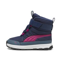 a child's blue and pink snow boot