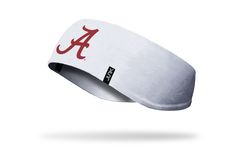 white ear warmer with University of Alabama A logo in crimson red Casual Sports Headband, One Size Fits Most, Casual Sports Headband One Size Fits Most, Adjustable Casual Sports Headband, Casual White Adjustable Headwrap, White Sports Headband With Sweatband, White Sweatband Headband, Adjustable White Headband With Sweatband, Adjustable Cotton Sweatband Headband For Sports, Adjustable Cotton Sweatband Sports Headband