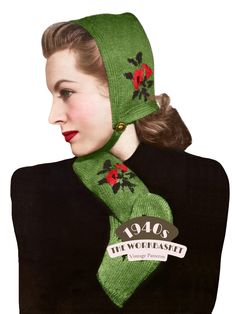 a woman wearing a green scarf with roses on it