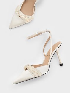 White Beaded Satin Ankle-Strap Pumps - CHARLES & KEITH US Charles And Keith White Heels, White Heels Aesthetic, Trip Moodboard, Charles And Keith Shoes, Bride Heels, Ivory Heels, Wedding Shoes Vintage, Random Products, Heels Aesthetic