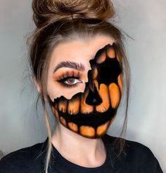 17 Pumpkin Face Paint Ideas You'll Want To Try! - The Mummy Front Halloween Pumpkin Makeup Ideas, Pumpkin Makeup Ideas, Pumpkin Face Paint, Face Paint Ideas, Scary Pumpkin Faces, Holloween Makeup, Halloween Decor Diy, Creepy Halloween Makeup