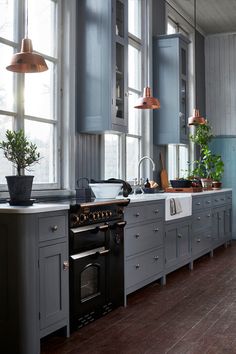 a kitchen with gray cabinets and an oven next to a window that has potted plants on it