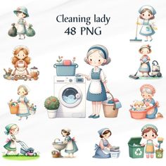 a bunch of different pictures of women doing various things in front of a washing machine