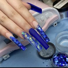 Shades Of Blue Acrylic Nails, Long Blue Acrylic Nails, Baddie Nails Acrylic Blue, Long Blue Nails, Blue Bling Nails, Candy Nail Art, Glitter Gel Nail Designs, Peeps Candy, Bunny Peeps