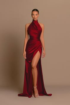 Style: L1442 Closure: Zipper Details: High Neck, Ruched, ​Satin, Thigh Slit Fabric: Satin Neckline: High Neck Silhouette: Sheath High Neck Halter, Looks Party, Prom Dress Inspiration, Long Bridesmaid Dress, Gala Dresses, Glam Dresses, Formal Dresses Prom, Formal Evening Dresses, Mode Inspiration