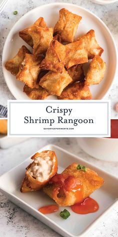 crispy shrimp rangoon on a white plate with sauce and garnishes