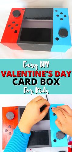 This Pinterest pin shows two pictures.  The top shows a Valentine's Day card box made to look like a Nintendo Switch and the bottom picture shows someone working on the details of the Valentine's Day card box.  In the middle of the pin, it reads "Easy DIY Valentine's Day Card Box for Kids." Easy Valentines Day Boxes, Diy Valentine's Mailbox, Homemade Valentine Boxes, Box Ideas For Kids, Girls Valentines Boxes, Valentine Box Ideas, Valentine Boxes For School, Kids Valentine Boxes