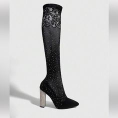 New And Never Worn Cuccoo Boots, Cuccoo Shoes, Diamond Glitter, Black And Silver, Silver Glitter, Shoes Heels Boots, Black Diamond, High Boots, Knee High Boots