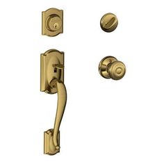 an image of a golden door handle and knobs on a white background with clipping for text