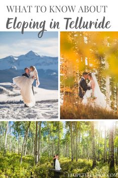 a bride and groom in the woods with text that reads what to know about eloping in telluride