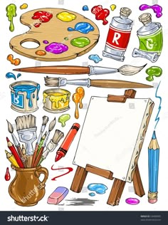 an artist's tools and supplies for painting on a white background with clippings