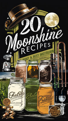 there are many mason jars with the words, 20 moonhine recipes on top of them