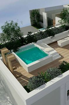 an artist's rendering of a house with a swimming pool and decking area