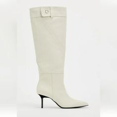 Knee High Denim Fabric Boots. Button And Decorative Straps At Shaft. Pointed Toe. Heel Height: 2.8 Inches (7cm) Color: Beige White Winter Boots For Work, White Winter Work Boots, White Winter Workwear Boots, Winter White Workwear Boots, White Spring Office Boots, Zara White Boots For Fall, Zara White Fall Boots, Chic Zara Heeled Boots For Spring, White Round Toe Heeled Boots For Work