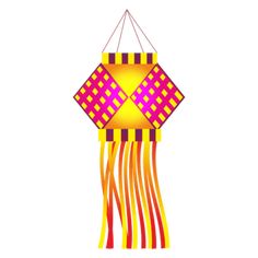 a yellow and pink kite hanging from a string