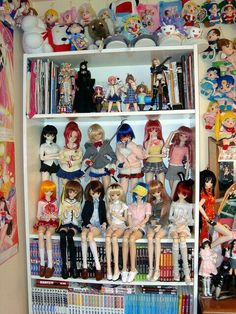 there are many dolls on the shelves in this room, all different colors and sizes