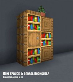 an image of a book shelf made out of lego blocks with books on it and the words mini spice & barrel bookshelf