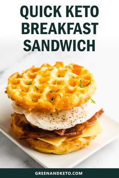 a white plate topped with two waffles covered in eggs and bacon next to a text overlay that reads quick keto breakfast sandwich