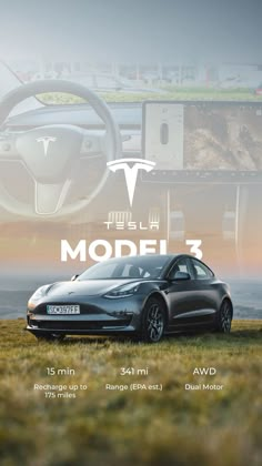 an advertisement for the tesla model 3 is shown in front of a field with grass