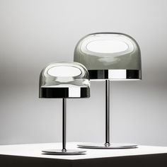 two lamps sitting next to each other on top of a table