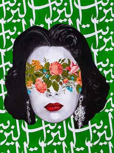 a painting of a woman's face with flowers painted on her face and green background