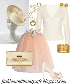 Fashion and Beauty Cafe: peach with ivory and gold tea party or brunch outfit… Gold Tea Party, High Tea Outfit, Tea Party Outfit, Tea Outfit, Tea Party Attire, Gold Tea, Derby Dress