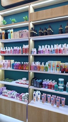 the shelves are filled with many different types of cosmetics and body care products on display