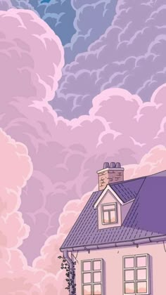 a drawing of a house with clouds in the background