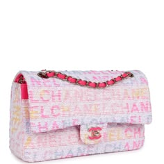 This Chanel medium classic double flap bag is in hot pink, white, yellow and purple tweed boucle fabric with light gold tone hardware and features multicolored "Chanel" lettering stitched throughout the tweed boucle fabric, has a front flap with signature light gold and hot pink lacquered CC turnlock closure, half moon back pocket, and adjustable interwoven light gold tone chain link and hot pink leather shoulder strap.The interior is lined in hot pink leather. Underneath first flap small zipper compartment; under second flap "outer" slit pocket and inside two open pockets separated by a "lipstick" compartment.Collection: 24C Origin: FranceCondition: New and Never Worn (Plastic on hardware) - Has a small press mark on interior flap from zipperAccompanied by: Chanel box, Chanel dustbag, RFI Chanel Winter Outfits, Chanel Winter, Chanel Box, Aesthetic Bags, Yellow And Purple, Boucle Fabric