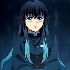 an anime character with long black hair and blue eyes, standing in front of a dark background