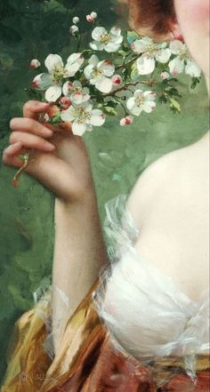 a painting of a woman holding flowers in her hand