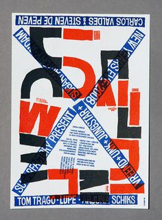 a poster with different types of letters and numbers on it's back side in red, white, and blue