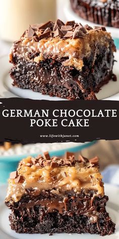 german chocolate poke cake on a white plate