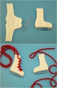 two pictures show how to make felt shoes with scissors and yarn, while the second shows an image of someone's feet