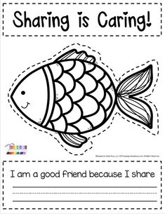 a coloring page with the words sharing is caring and a fish in it's mouth