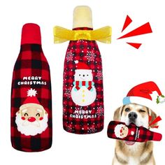 a dog wearing a santa hat next to two bottles