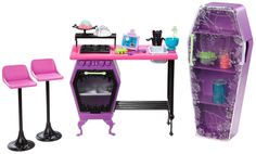 a barbie doll playset with furniture and accessories including a kitchenette, dining table and stools