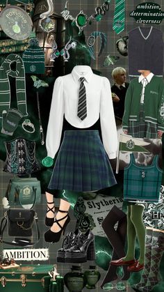 a collage of green and white clothing with accessories