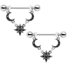 two piercings with stars and moon designs on each end, one has a black diamond in the middle