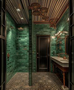 a bathroom with green tile and wooden ceiling